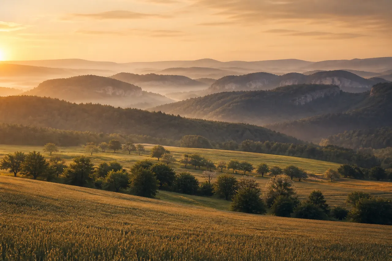 Abendlicher Blick über gestaffelte Höhenzüge und offene Felder der Fränkischen Schweiz – illustrative Stimmungsaufnahme.